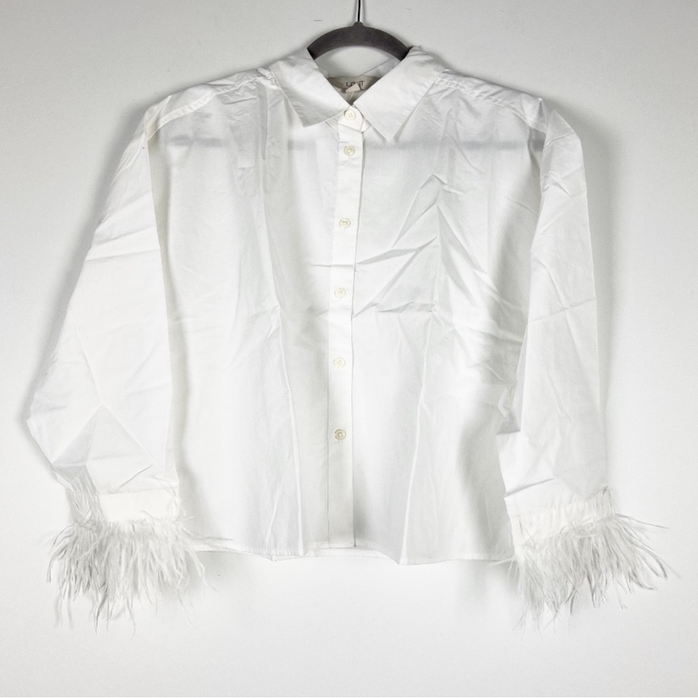 NEW Ann Taylor Loft Cotton Poplin Collared Button Front Feather Trim Blouse S